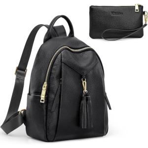 Kattee Genuine Leather Backpack Purses for Women Soft Casual Daypack Fashion Travel Bags with Wristlet Wallet (Black)
