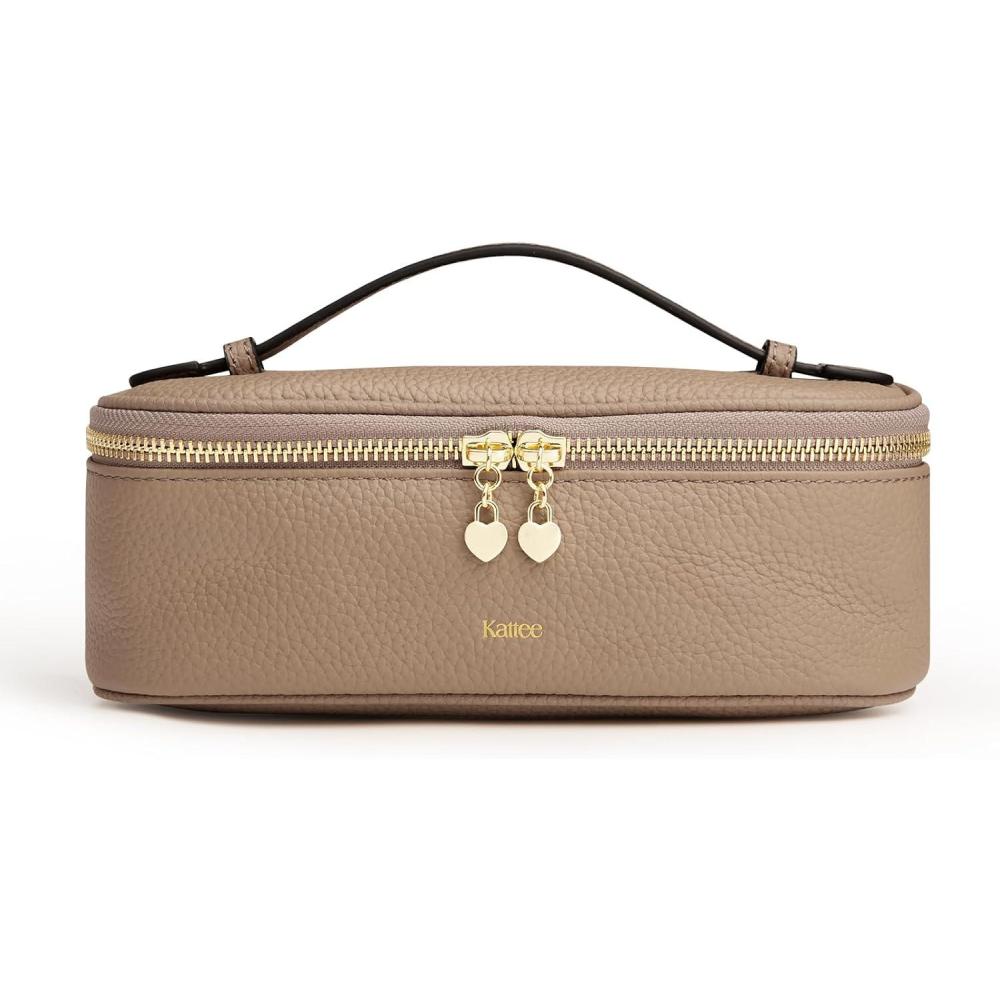 imageKattee Makeup Bag for Women Leather Cosmetic Bag Working Makeup Bags for Ladies with Handles Portable Travel Toiletry BagApricotApricot