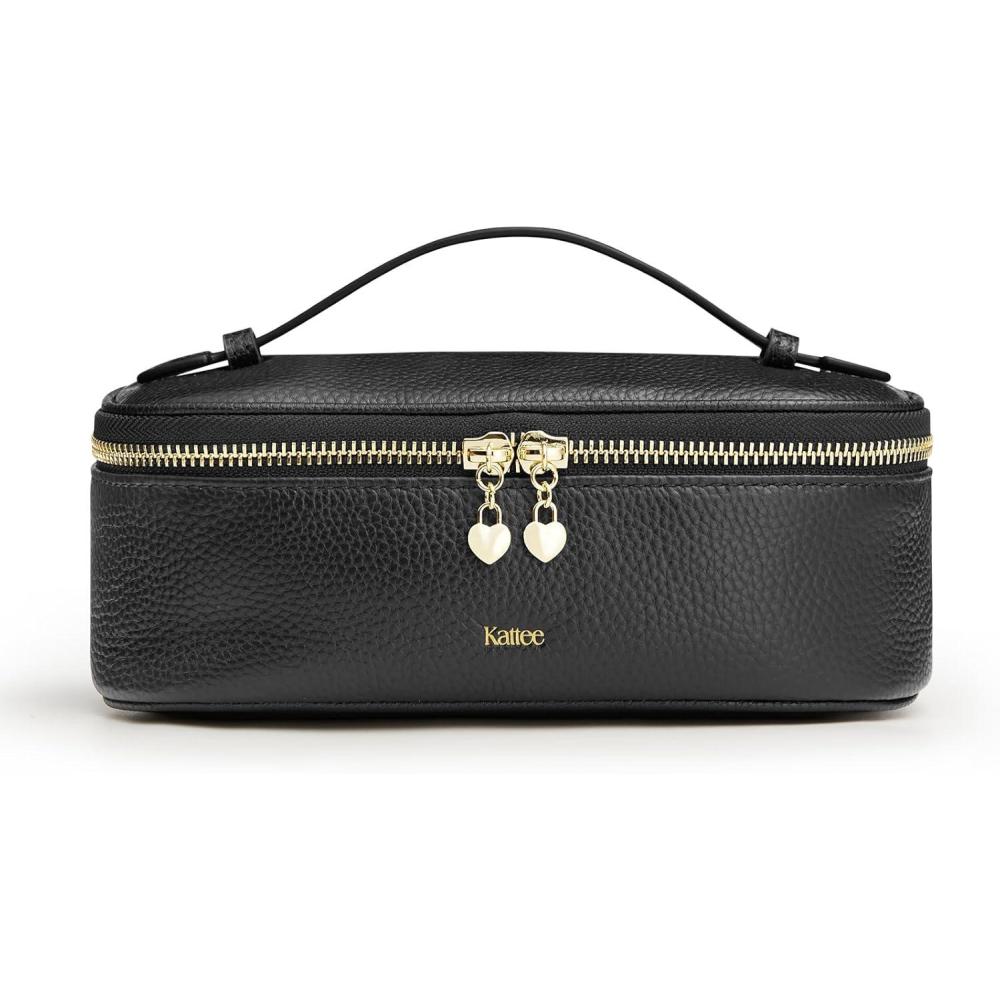 imageKattee Makeup Bag for Women Leather Cosmetic Bag Working Makeup Bags for Ladies with Handles Portable Travel Toiletry BagApricotBlack