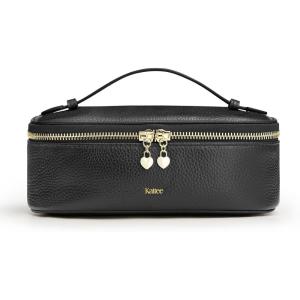 Kattee Makeup Bag for Women, Leather Cosmetic Bag, Working Makeup Bags for Ladies with Handles, Portable Travel Toiletry Bag,Apricot(Black)