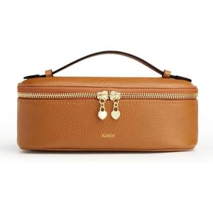 Kattee Makeup Bag for Women, Leather Cosmetic Bag, Working Makeup Bags for Ladies with Handles, Portable Travel Toiletry Bag,Apricot(Brown)