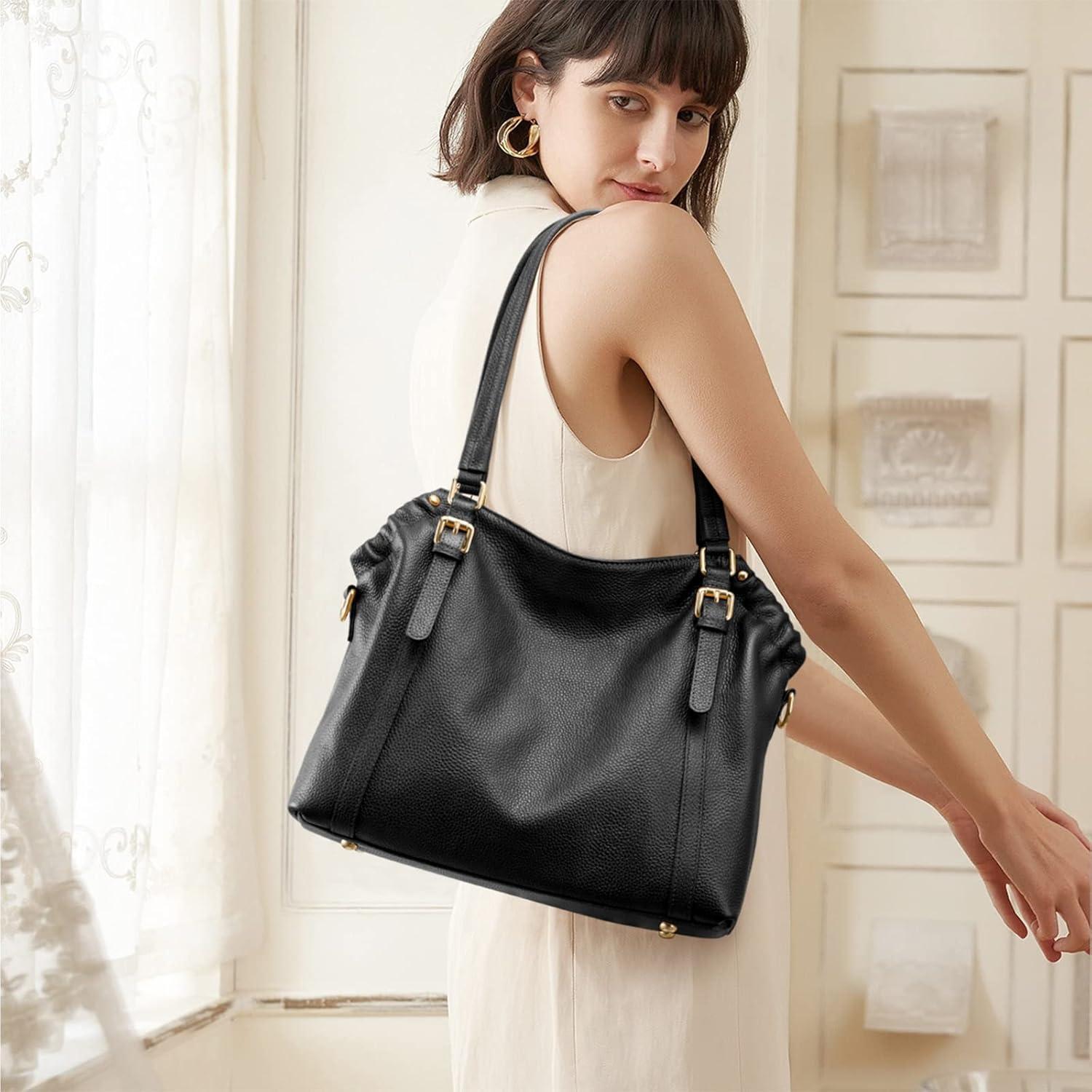imageKattee Women Genuine Leather Soft Totes Shoulder Hobo Purses and Handbags Top Handle Bags Black