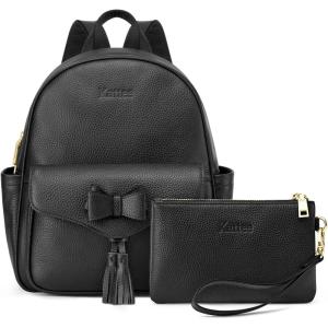 Kattee Genuine Leather Backpack Purse for Women, Anti-theft Fashion Ladies Medium 2Pcs Set Shoulder Bag, Black