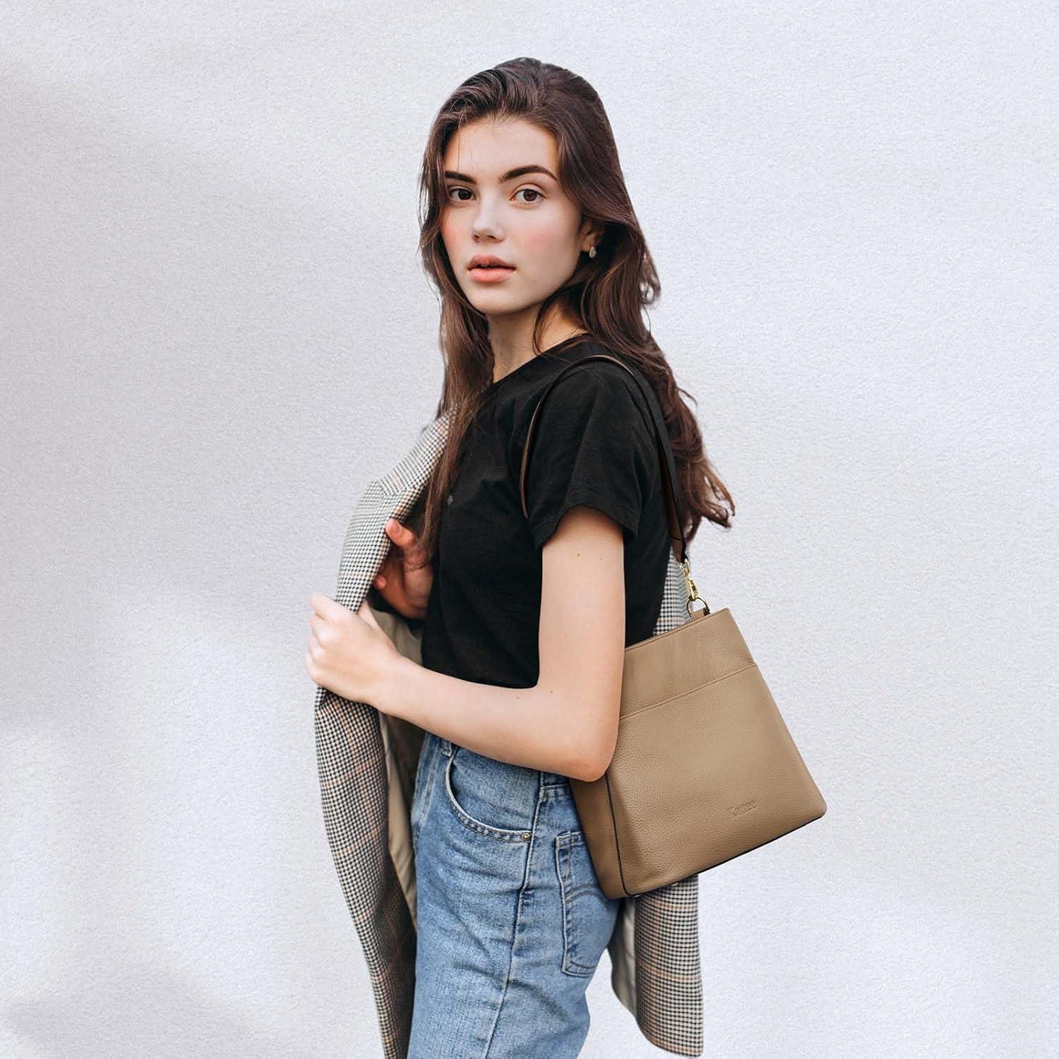 imageKattee Leather Handbags for Women 2026 Soft Shoulder Tote Crossbody Purses Bucket Bags with 2 Detachable StrapsApricot