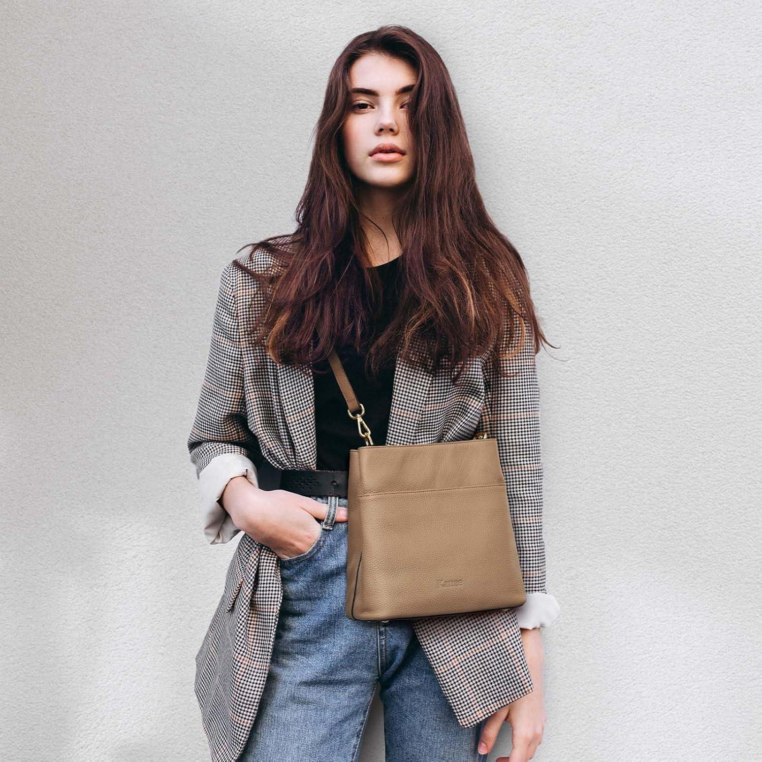 imageKattee Leather Handbags for Women 2026 Soft Shoulder Tote Crossbody Purses Bucket Bags with 2 Detachable StrapsApricot