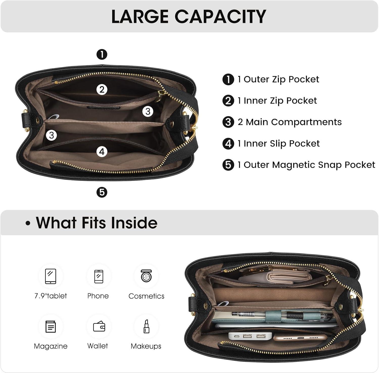 imageKattee Leather Handbags for Women 2026 Soft Shoulder Tote Crossbody Purses Bucket Bags with 2 Detachable StrapsBlack