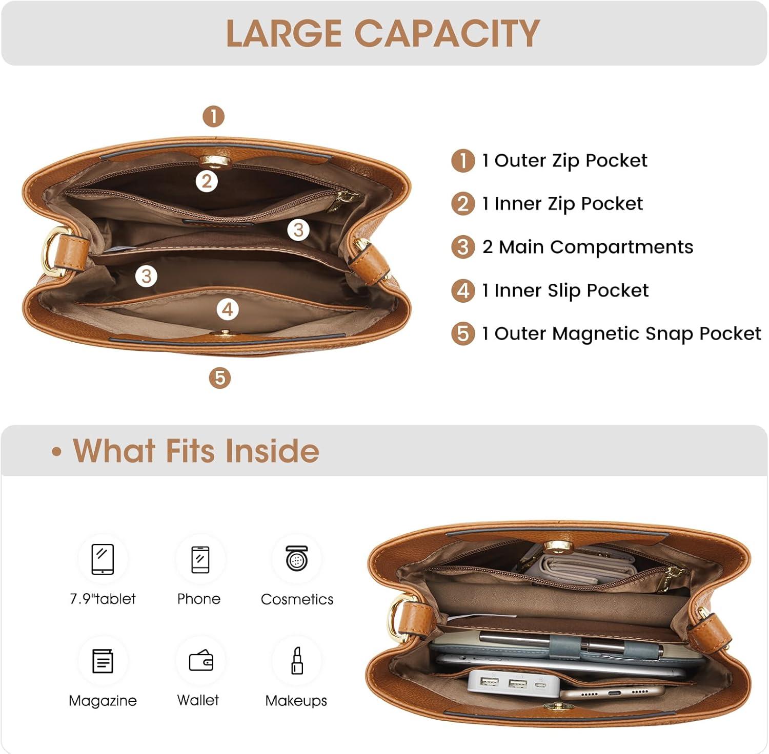 imageKattee Leather Handbags for Women 2026 Soft Shoulder Tote Crossbody Purses Bucket Bags with 2 Detachable StrapsBrown