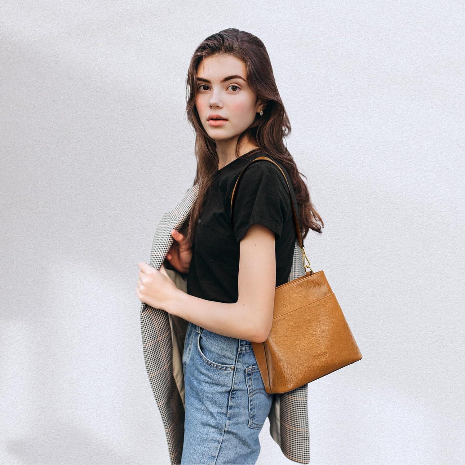 imageKattee Leather Handbags for Women 2026 Soft Shoulder Tote Crossbody Purses Bucket Bags with 2 Detachable StrapsBrown