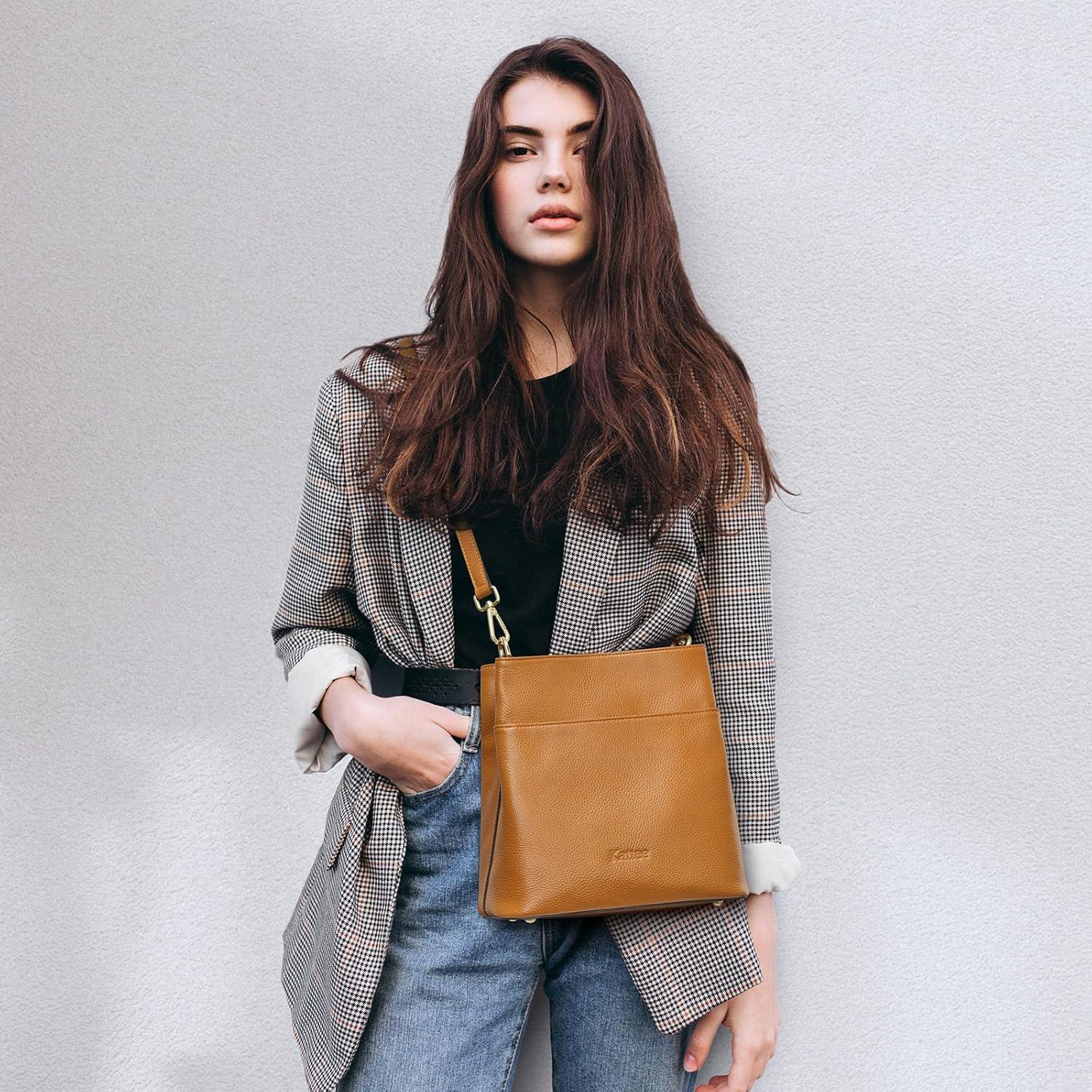 imageKattee Leather Handbags for Women 2026 Soft Shoulder Tote Crossbody Purses Bucket Bags with 2 Detachable StrapsBrown