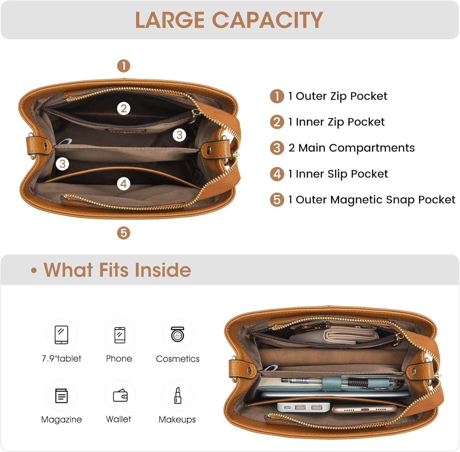imageKattee Leather Handbags for Women 2026 Soft Shoulder Tote Crossbody Purses Bucket Bags with 2 Detachable StrapsBrown