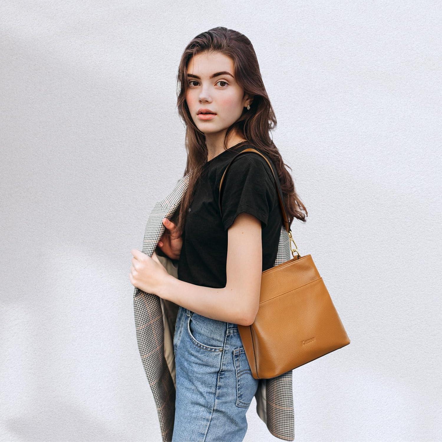 imageKattee Leather Handbags for Women 2026 Soft Shoulder Tote Crossbody Purses Bucket Bags with 2 Detachable StrapsBrown