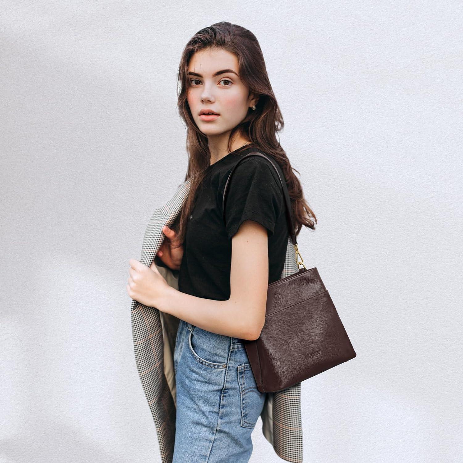 imageKattee Leather Handbags for Women 2026 Soft Shoulder Tote Crossbody Purses Bucket Bags with 2 Detachable StrapsCoffee