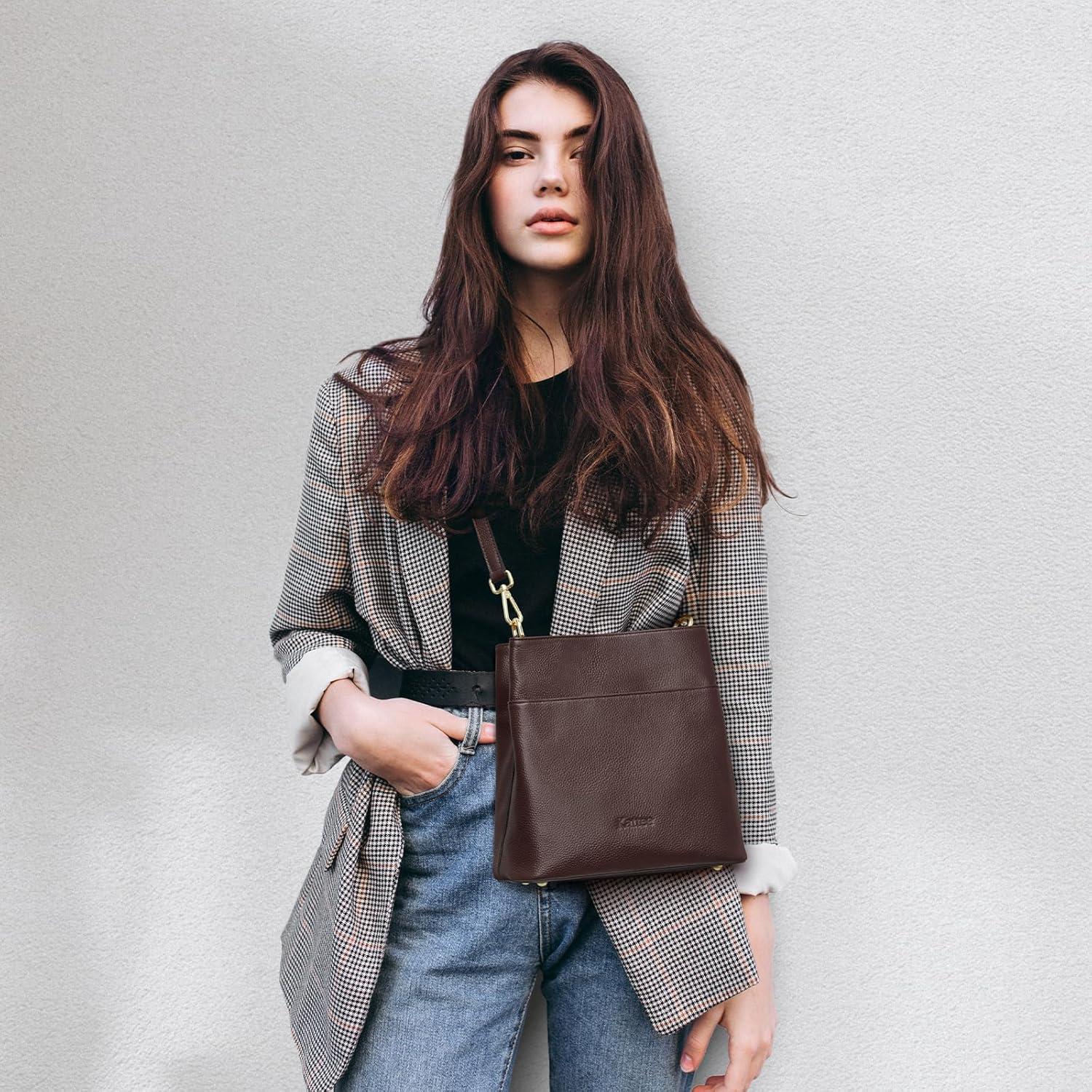 imageKattee Leather Handbags for Women 2026 Soft Shoulder Tote Crossbody Purses Bucket Bags with 2 Detachable StrapsCoffee