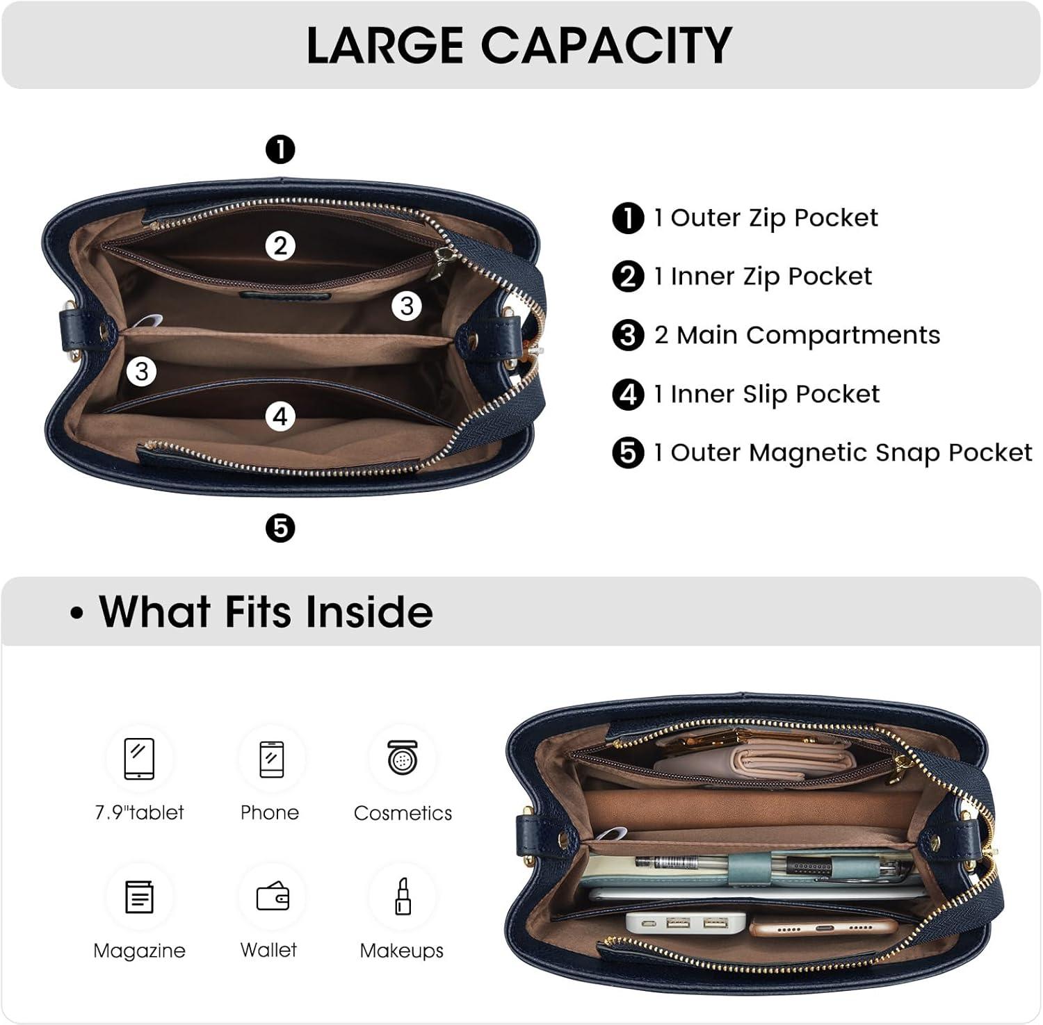 imageKattee Leather Handbags for Women 2026 Soft Shoulder Tote Crossbody Purses Bucket Bags with 2 Detachable StrapsDark Blue