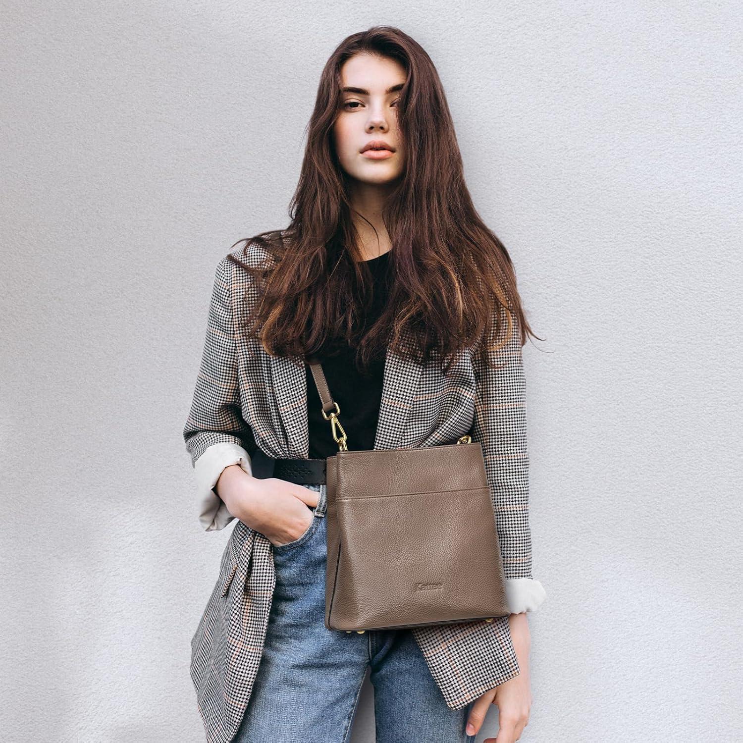 imageKattee Leather Handbags for Women 2026 Soft Shoulder Tote Crossbody Purses Bucket Bags with 2 Detachable StrapsKhaki