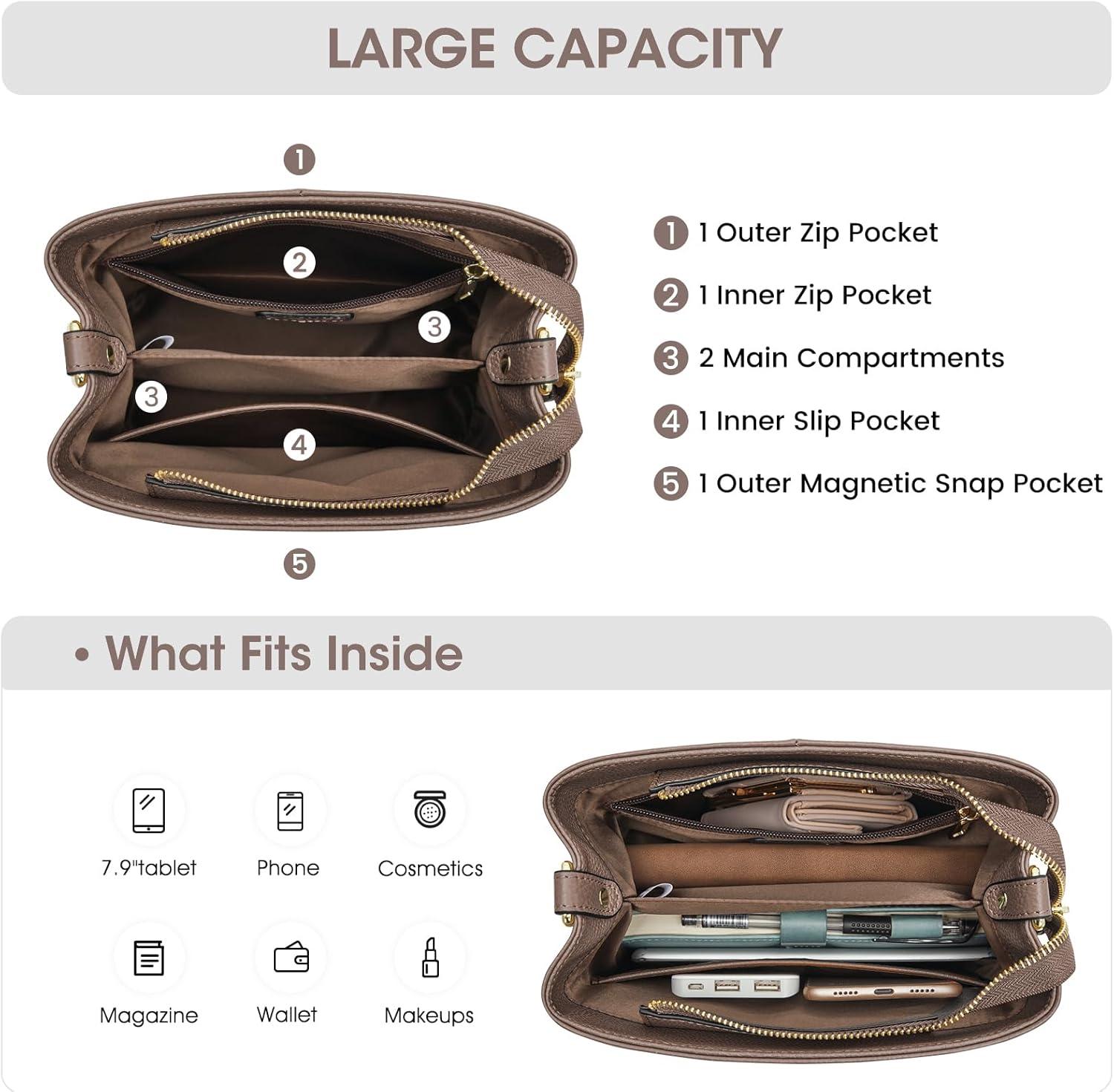 imageKattee Leather Handbags for Women 2026 Soft Shoulder Tote Crossbody Purses Bucket Bags with 2 Detachable StrapsKhaki