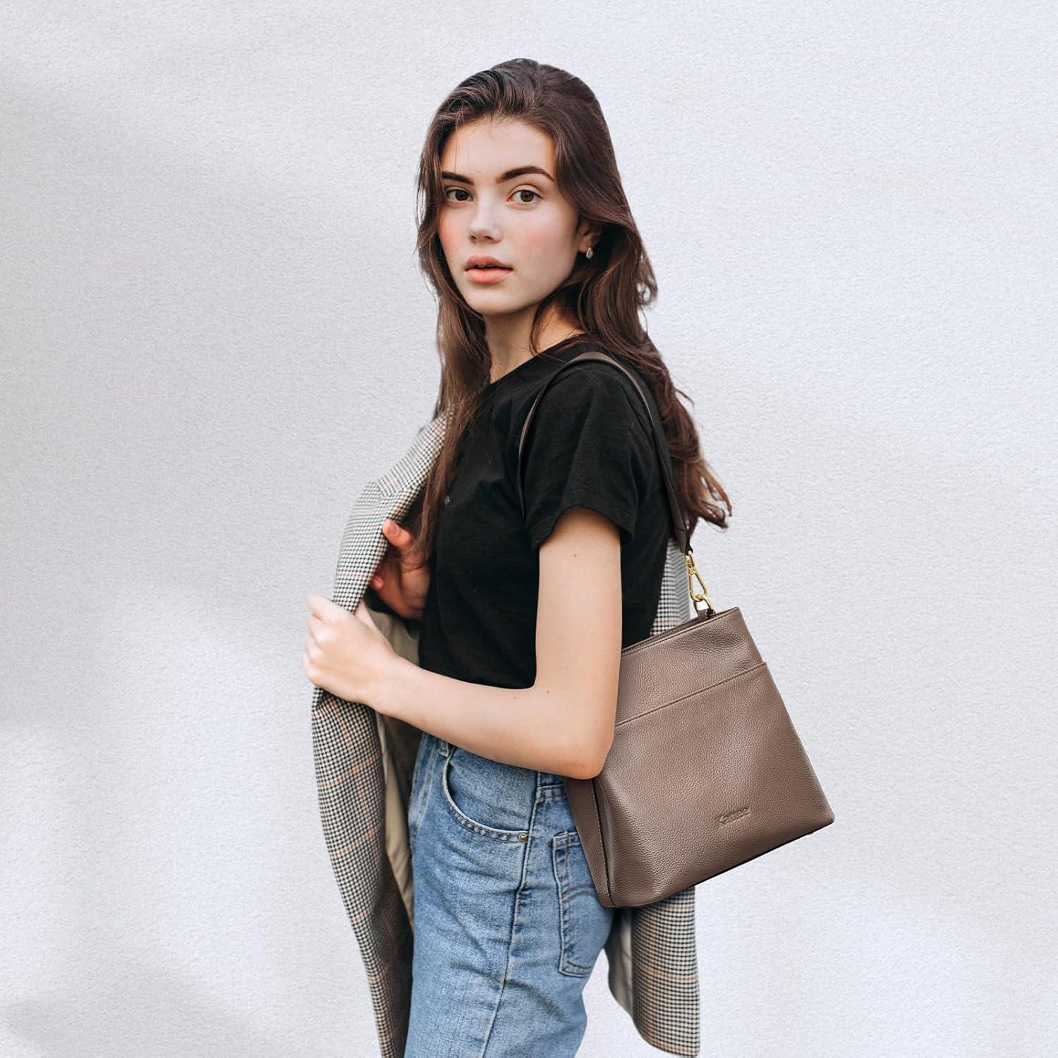 imageKattee Leather Handbags for Women 2026 Soft Shoulder Tote Crossbody Purses Bucket Bags with 2 Detachable StrapsKhaki