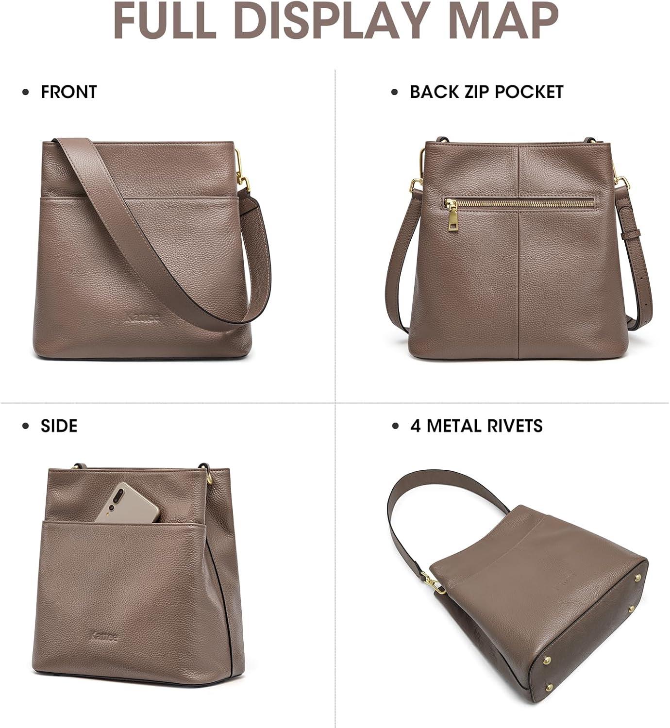 imageKattee Leather Handbags for Women 2026 Soft Shoulder Tote Crossbody Purses Bucket Bags with 2 Detachable StrapsKhaki