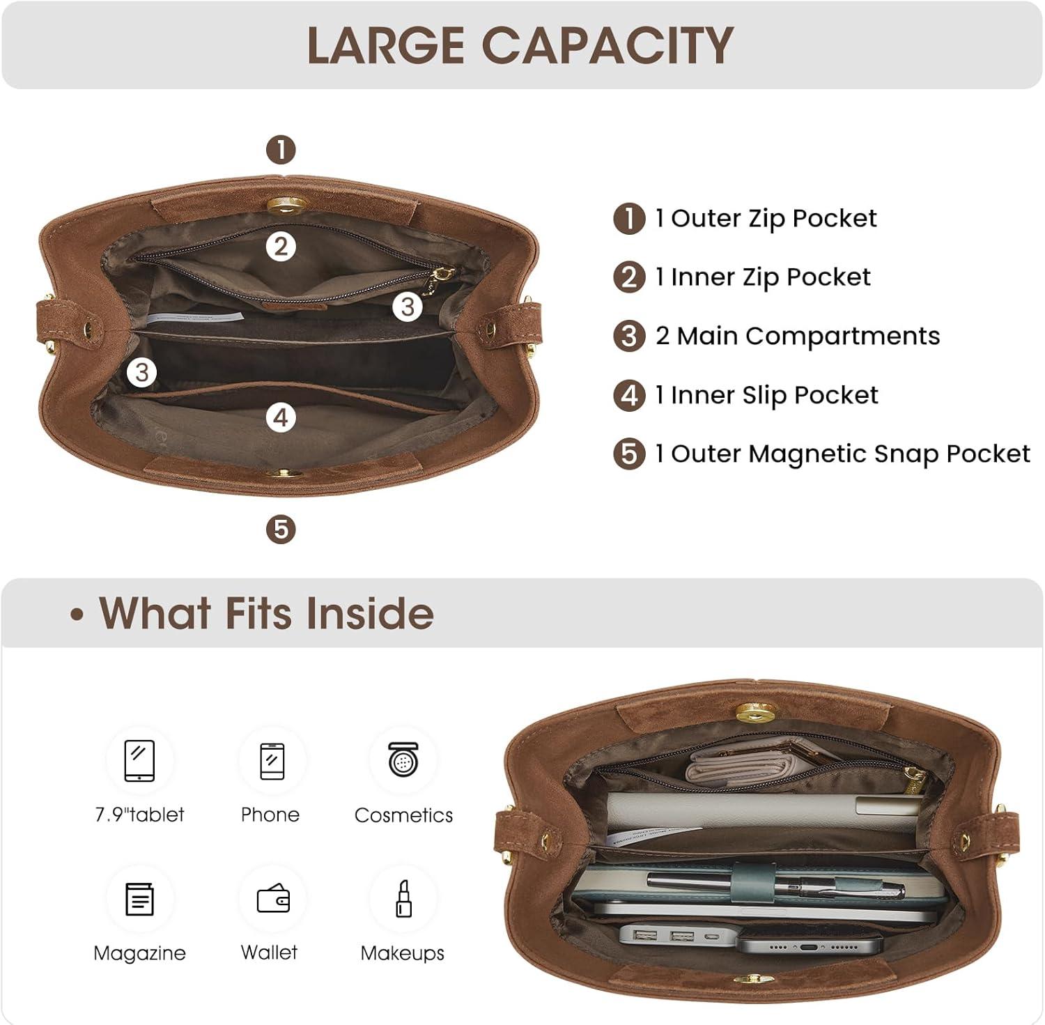 imageKattee Leather Handbags for Women 2026 Soft Shoulder Tote Crossbody Purses Bucket Bags with 2 Detachable StrapsSuede Coffee
