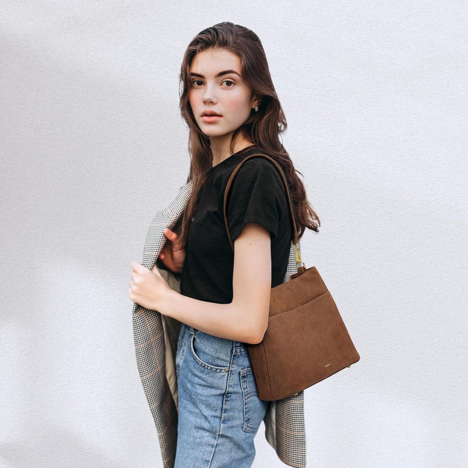 imageKattee Leather Handbags for Women 2026 Soft Shoulder Tote Crossbody Purses Bucket Bags with 2 Detachable StrapsSuede Coffee