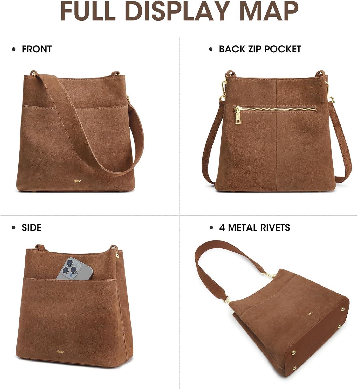 imageKattee Leather Handbags for Women 2026 Soft Shoulder Tote Crossbody Purses Bucket Bags with 2 Detachable StrapsSuede Coffee