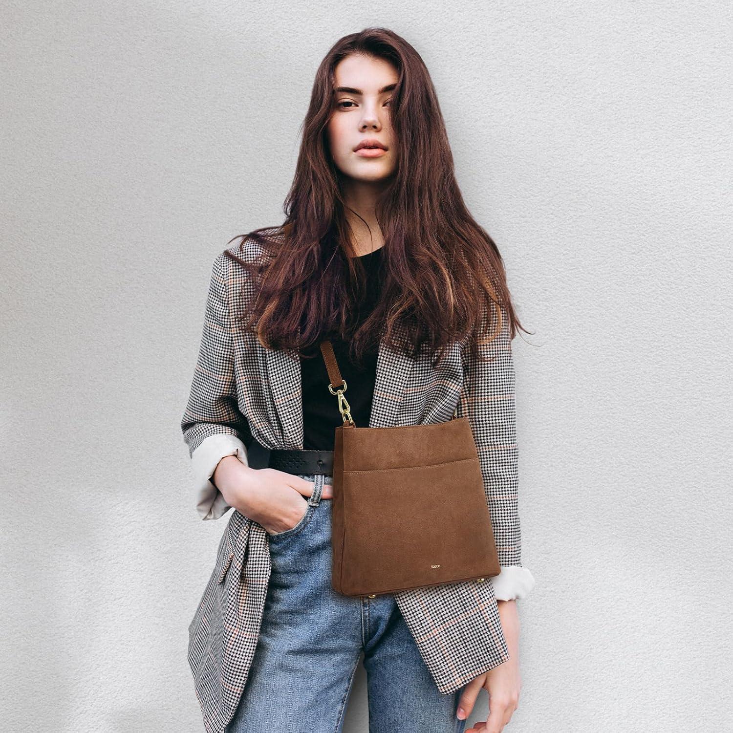 imageKattee Leather Handbags for Women 2026 Soft Shoulder Tote Crossbody Purses Bucket Bags with 2 Detachable StrapsSuede Coffee