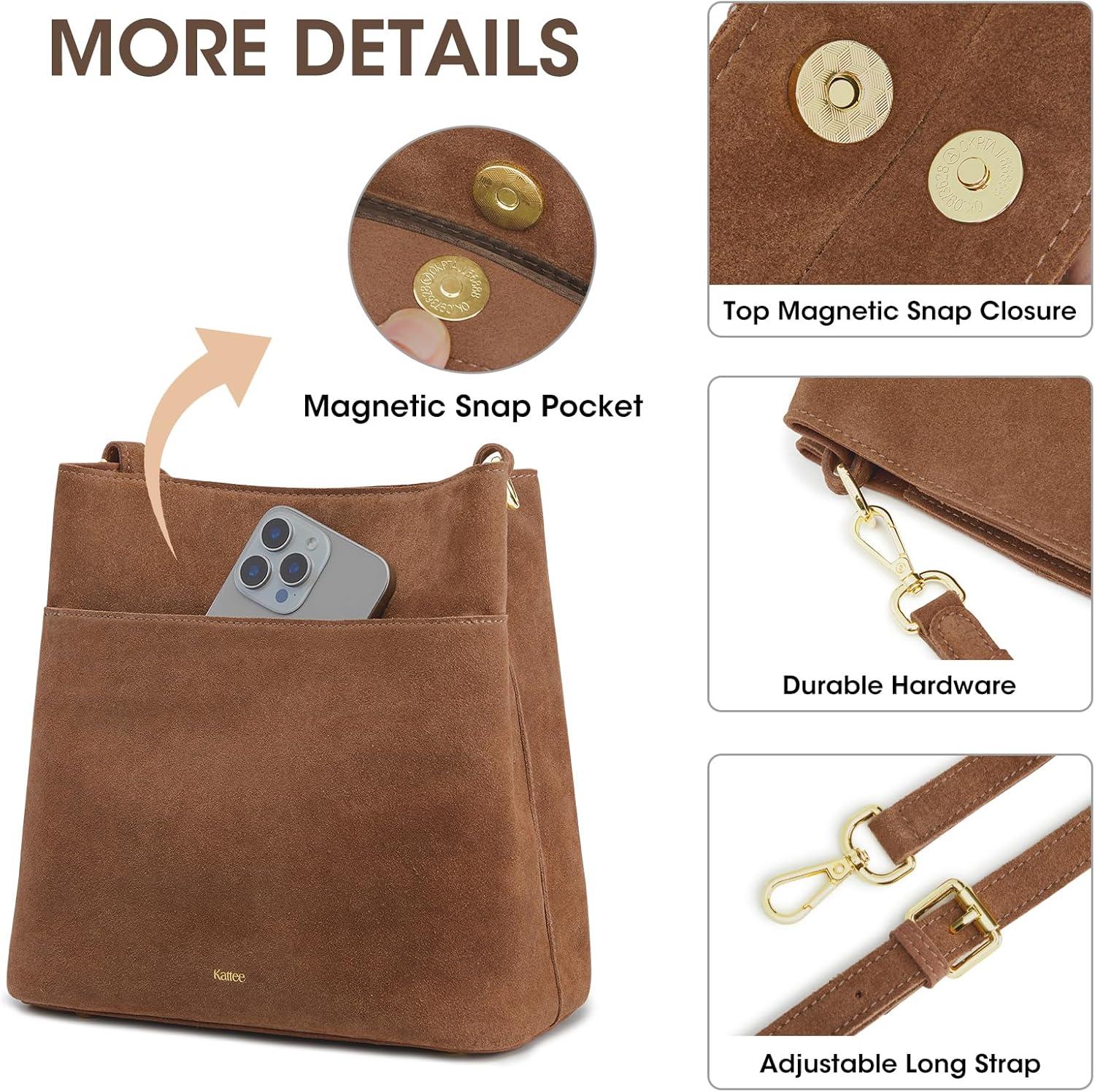 imageKattee Leather Handbags for Women 2026 Soft Shoulder Tote Crossbody Purses Bucket Bags with 2 Detachable StrapsSuede Coffee
