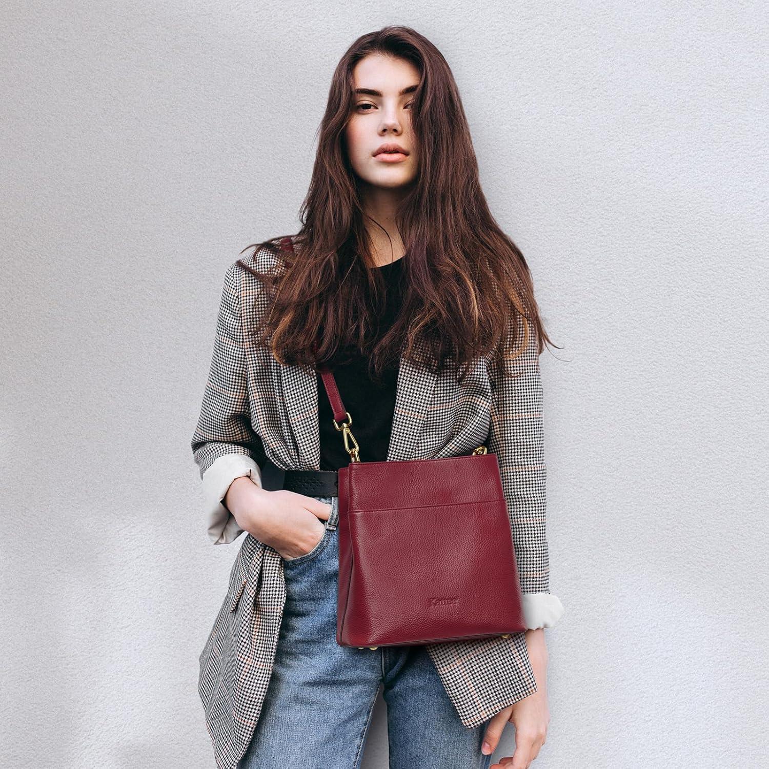 imageKattee Leather Handbags for Women 2026 Soft Shoulder Tote Crossbody Purses Bucket Bags with 2 Detachable StrapsWine Red