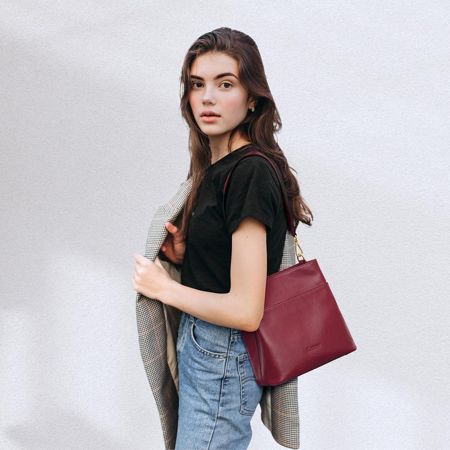 imageKattee Leather Handbags for Women 2026 Soft Shoulder Tote Crossbody Purses Bucket Bags with 2 Detachable StrapsWine Red