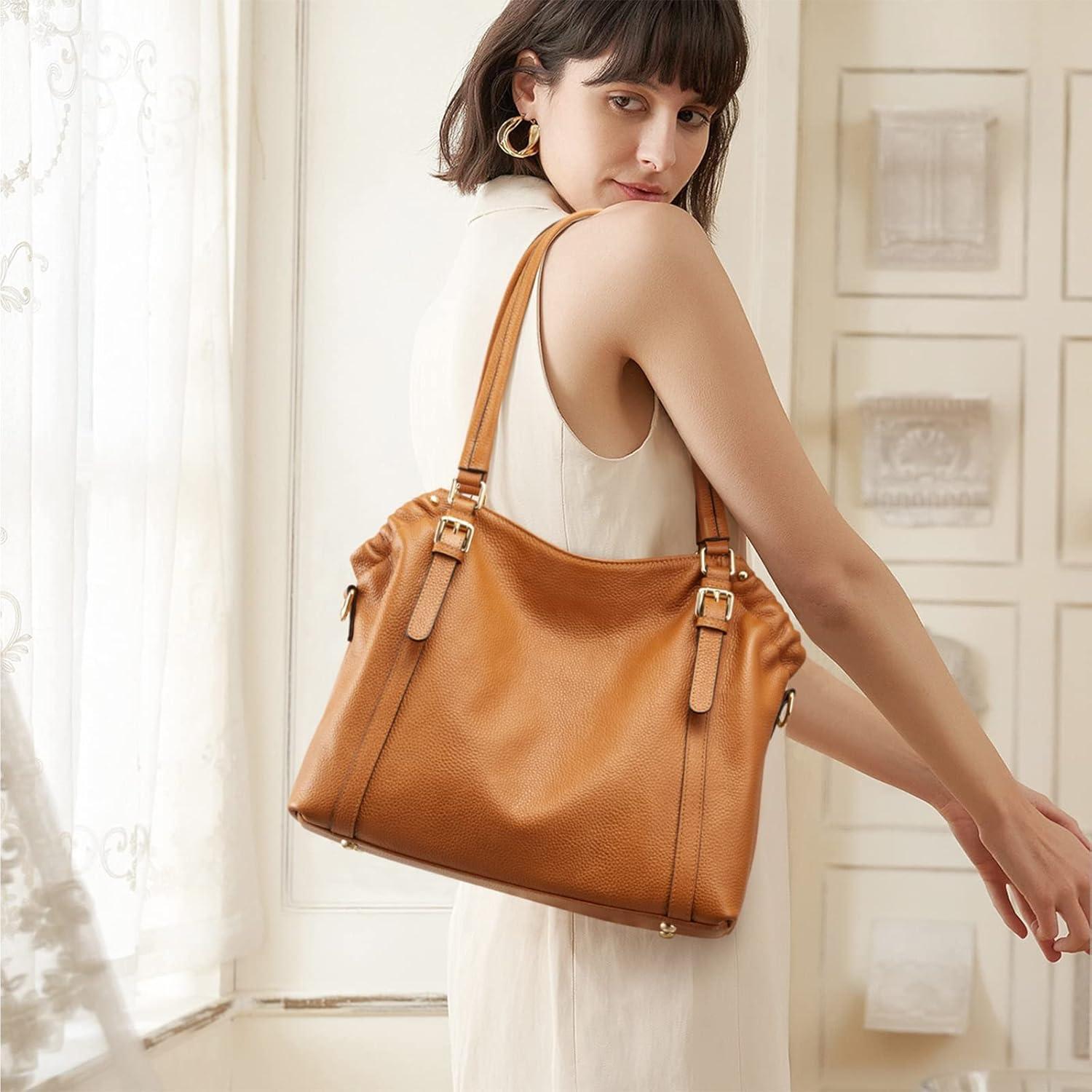 imageKattee Women Genuine Leather Soft Totes Shoulder Hobo Purses and Handbags Top Handle Bags Brown