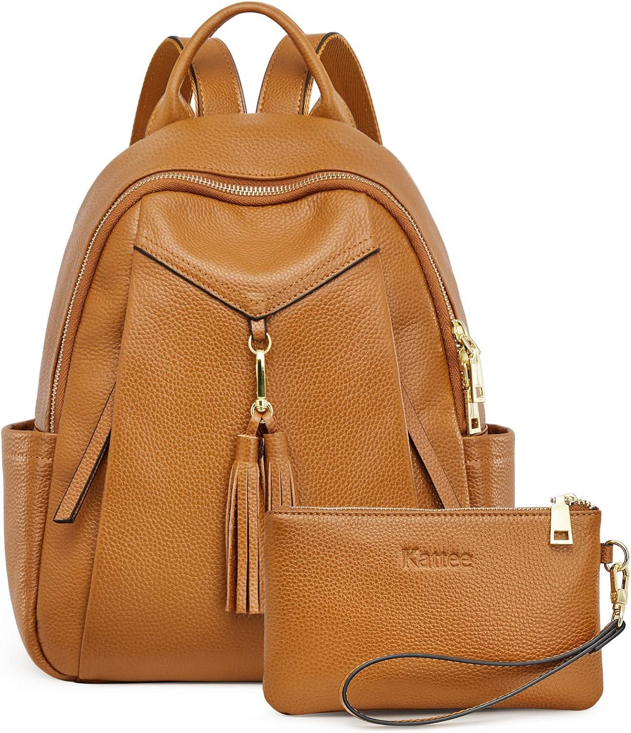 imageKattee Genuine Leather Backpack Purses for Women Soft Casual Daypack Fashion Travel Bags with Wristlet Wallet Brown
