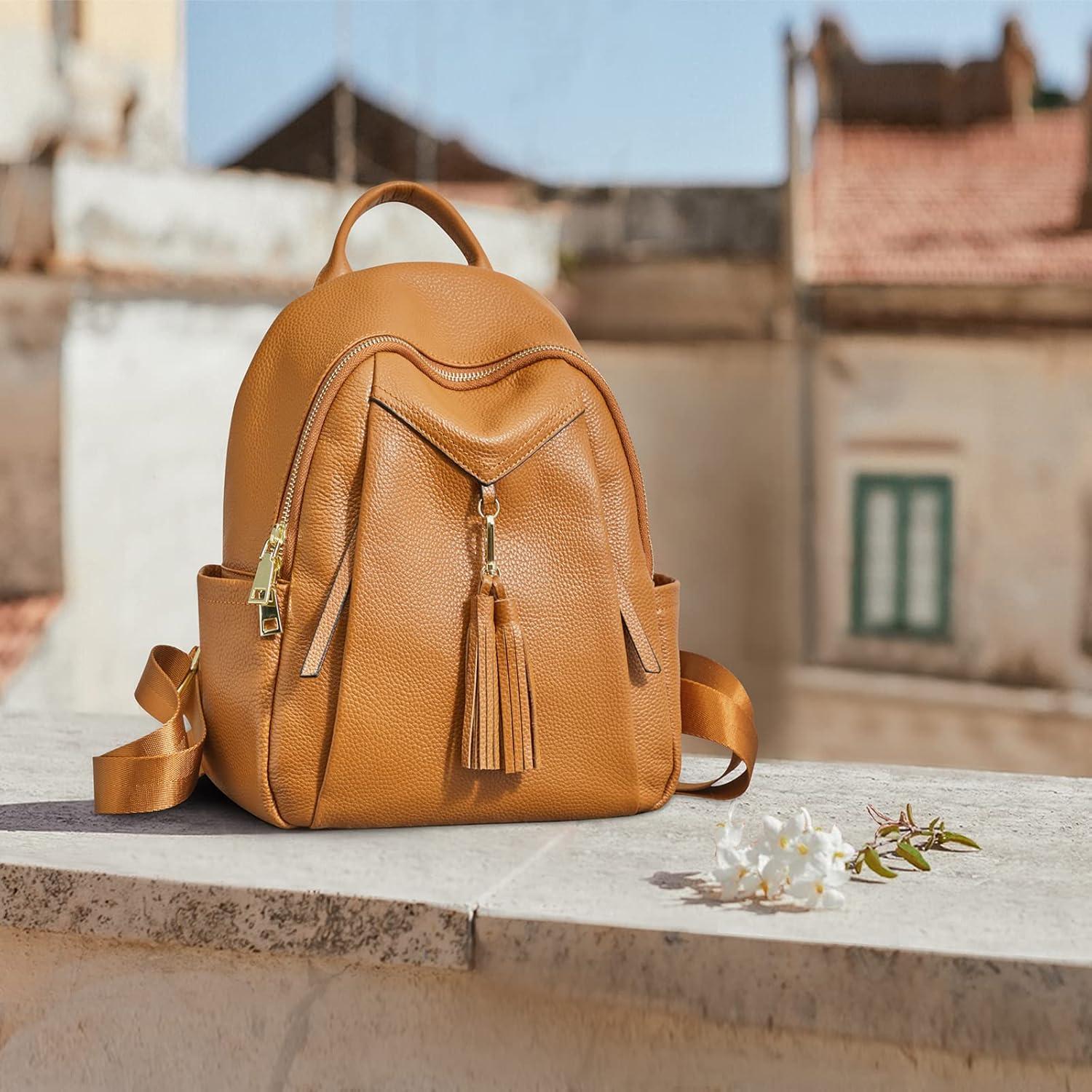 imageKattee Genuine Leather Backpack Purses for Women Soft Casual Daypack Fashion Travel Bags with Wristlet Wallet Brown