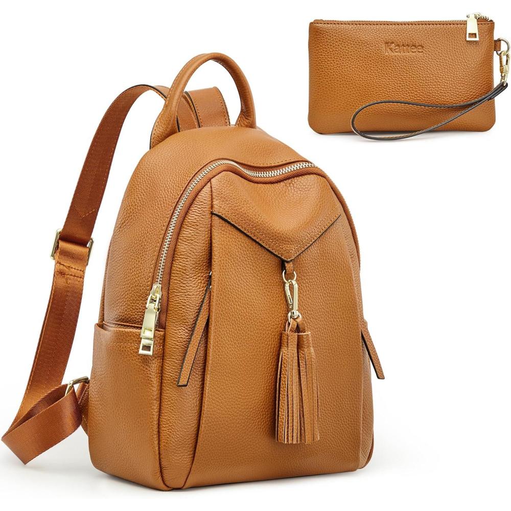 imageKattee Genuine Leather Backpack Purses for Women Soft Casual Daypack Fashion Travel Bags with Wristlet Wallet Brown