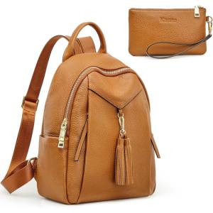 Kattee Genuine Leather Backpack Purses for Women Soft Casual Daypack Fashion Travel Bags with Wristlet Wallet (Brown)
