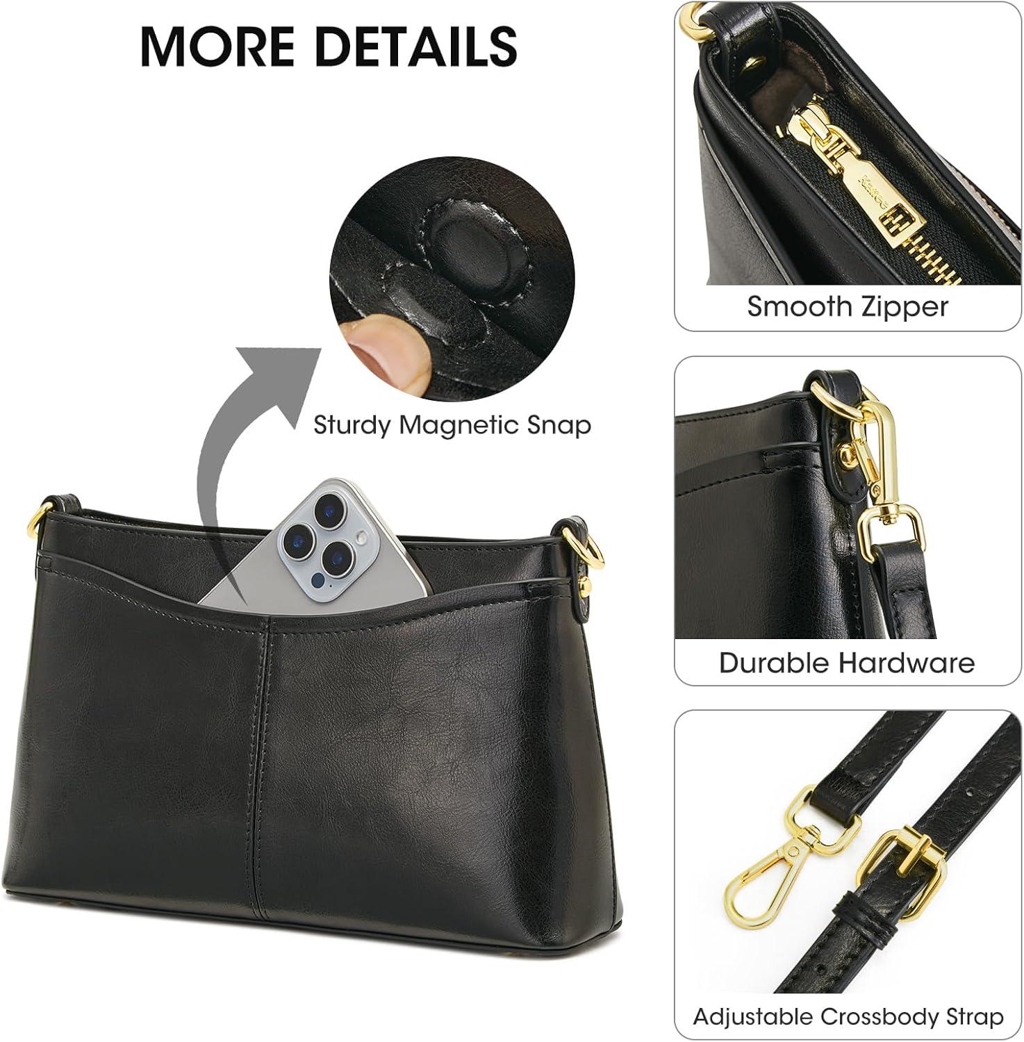 imageKattee Genuine Leather Crossbody Bags for Women Small Shoulder Purse Handbags with 2 Detachable Straps 6 Card SlotsBlack