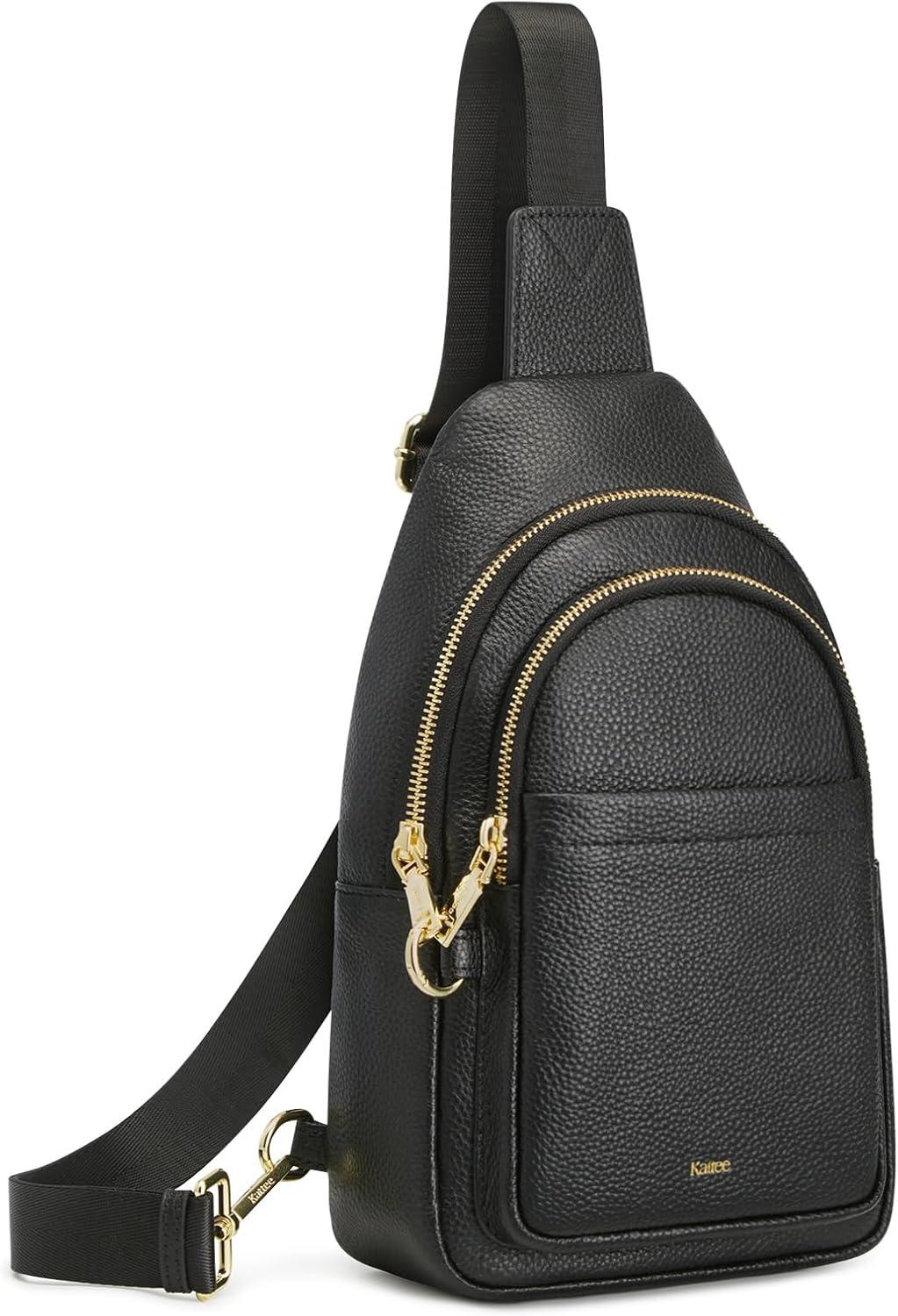 imageKattee Sling Bag for Women Leather Fanny Packs Crossbody Purse Small Chest Bag for Travel with RFID BlockingBlack