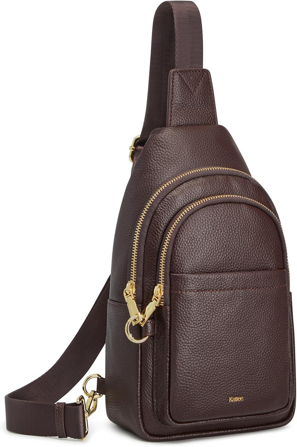 imageKattee Sling Bag for Women Leather Fanny Packs Crossbody Purse Small Chest Bag for Travel with RFID BlockingCoffee