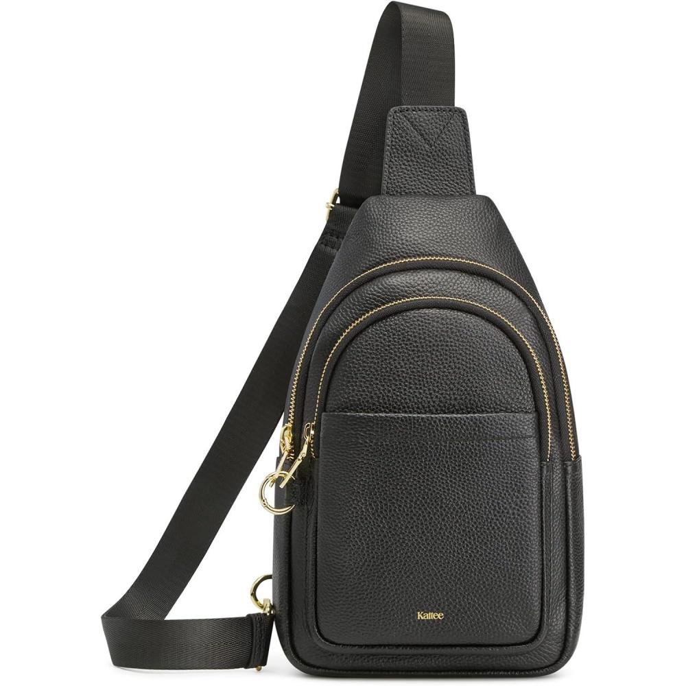 imageKattee Sling Bag for Women Leather Fanny Packs Crossbody Purse Small Chest Bag for Travel with RFID BlockingBlack