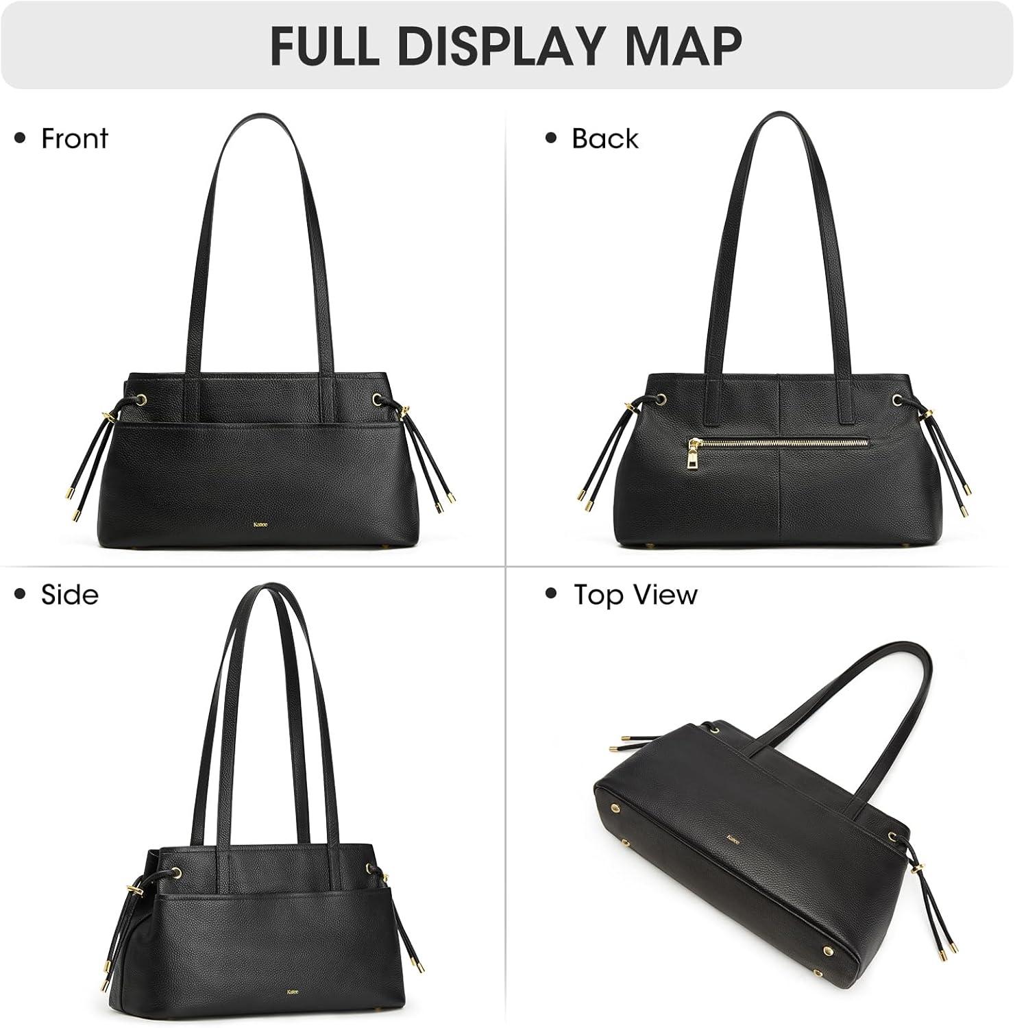 imageKattee Genuine Leather Shoulder Bags for Women Hobo Tote Handbags with Zipper Compartment for TravelBlack