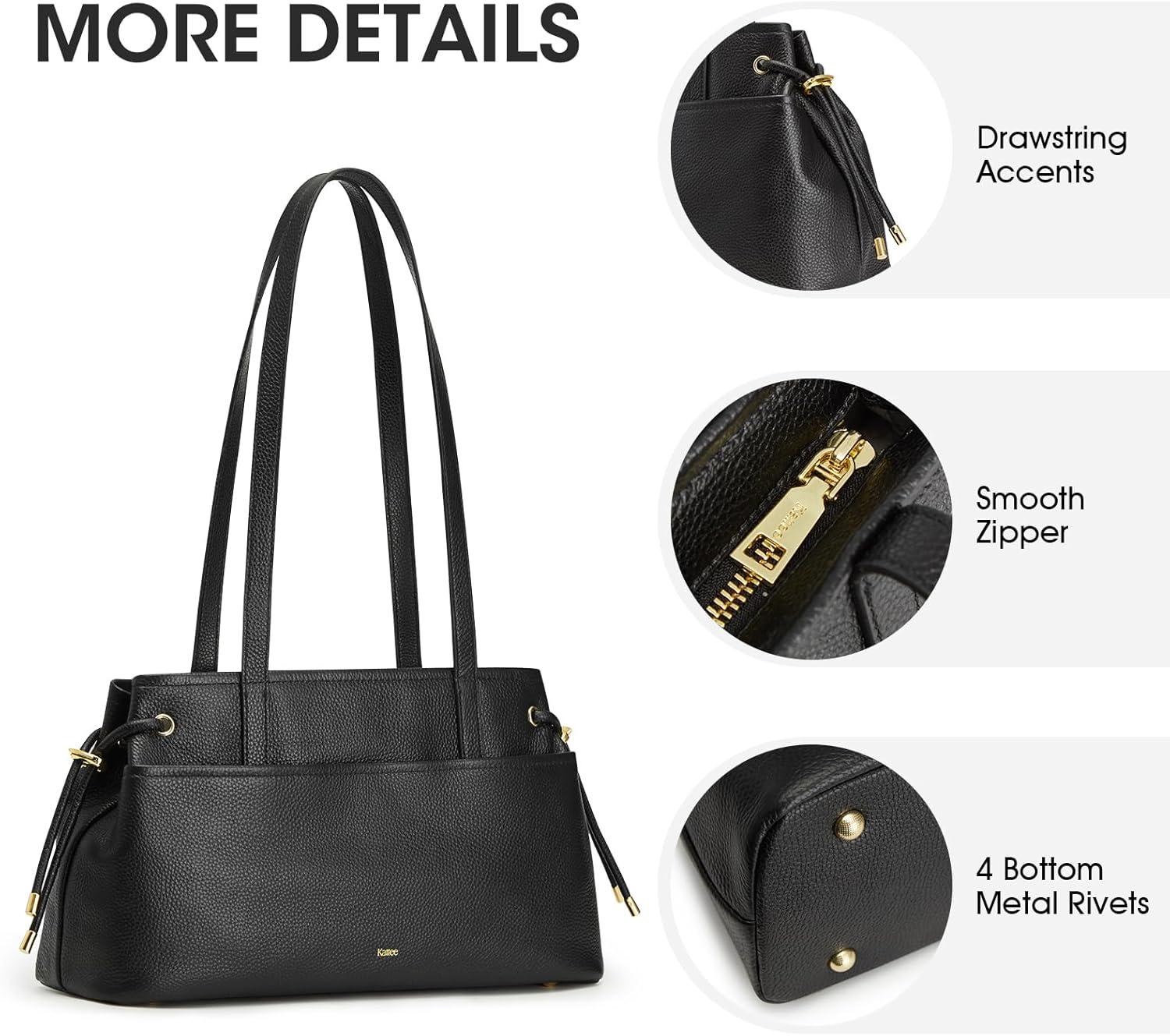 imageKattee Genuine Leather Shoulder Bags for Women Hobo Tote Handbags with Zipper Compartment for TravelBlack