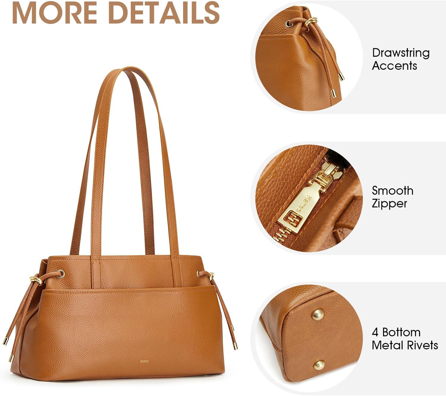 imageKattee Genuine Leather Shoulder Bags for Women Hobo Tote Handbags with Zipper Compartment for TravelBrown