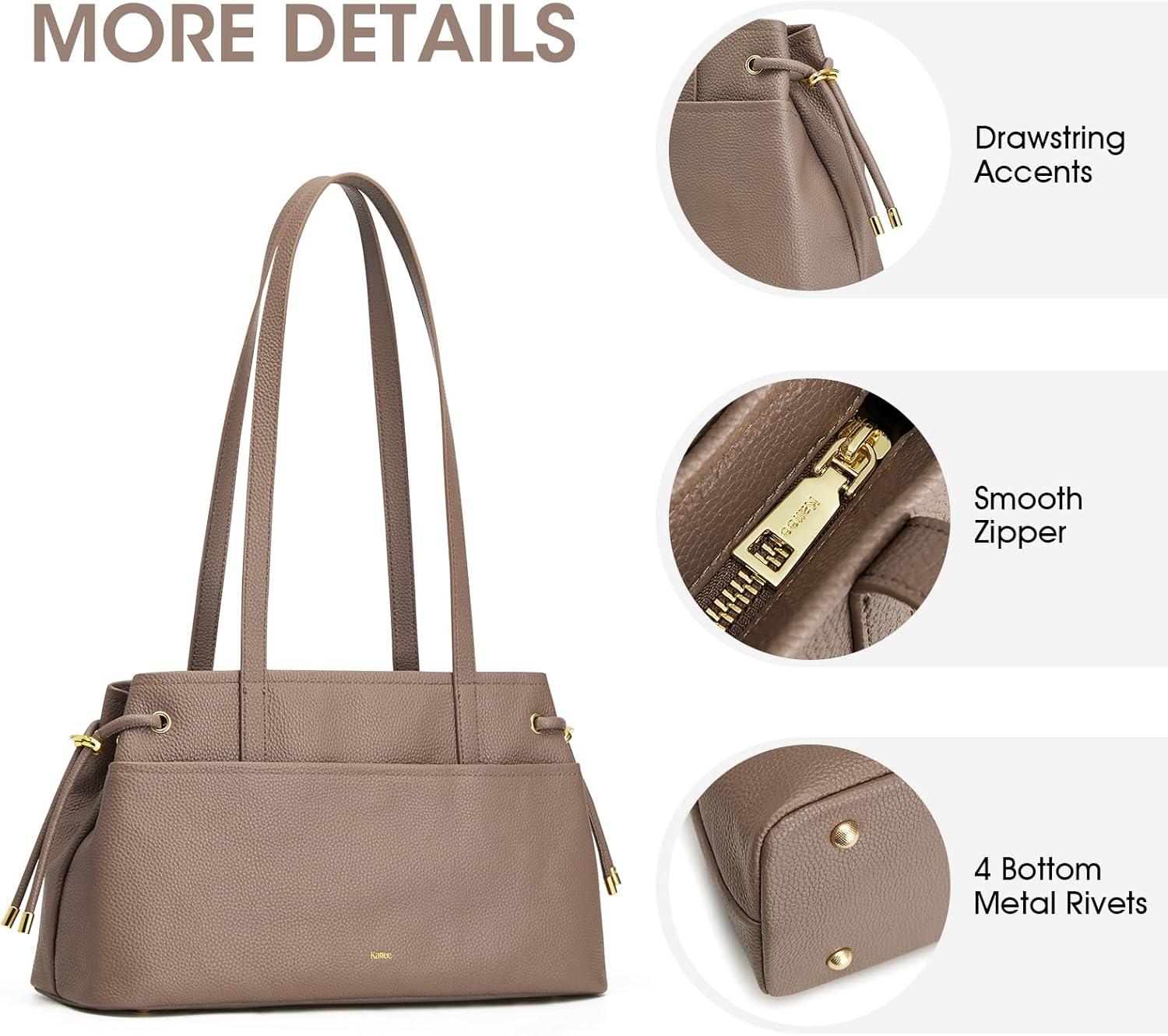 imageKattee Genuine Leather Shoulder Bags for Women Hobo Tote Handbags with Zipper Compartment for TravelKhaki