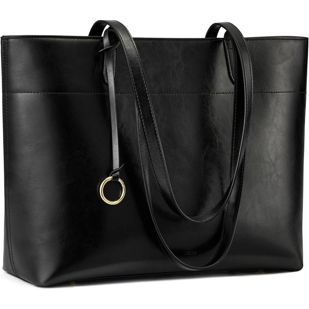 imageKattee Vintage Genuine Leather Tote Bag for Women Work Large Tote with Zipper Compartment Handbags TravelBlack