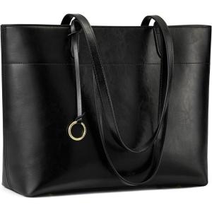 Kattee Vintage Genuine Leather Tote Bag for Women Work Large Tote with Zipper Compartment Handbags Travel(Black)