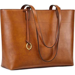 Kattee Vintage Genuine Leather Tote Bag for Women Work Large Tote with Zipper Compartment Handbags Travel(Light Brown)