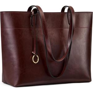Kattee Vintage Genuine Leather Tote Bag for Women Work Large Tote with Zipper Compartment Handbags Travel(Red)