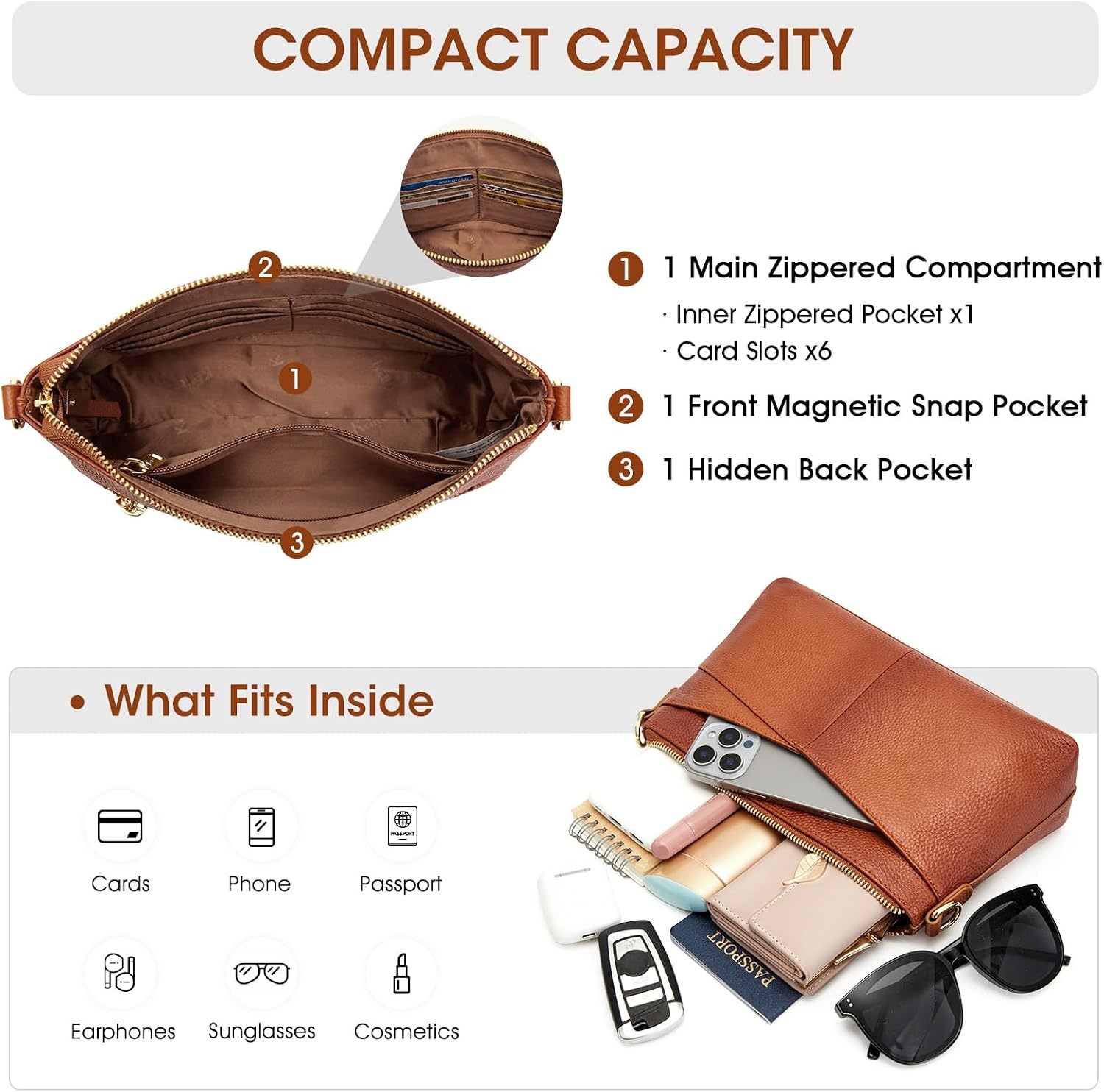 image:imageKattee Genuine Leather Crossbody Bags for Women Small Purse Travel Genuine leather Adjustable strap versatile carry Fits essentials Ideal for daily travelBrown