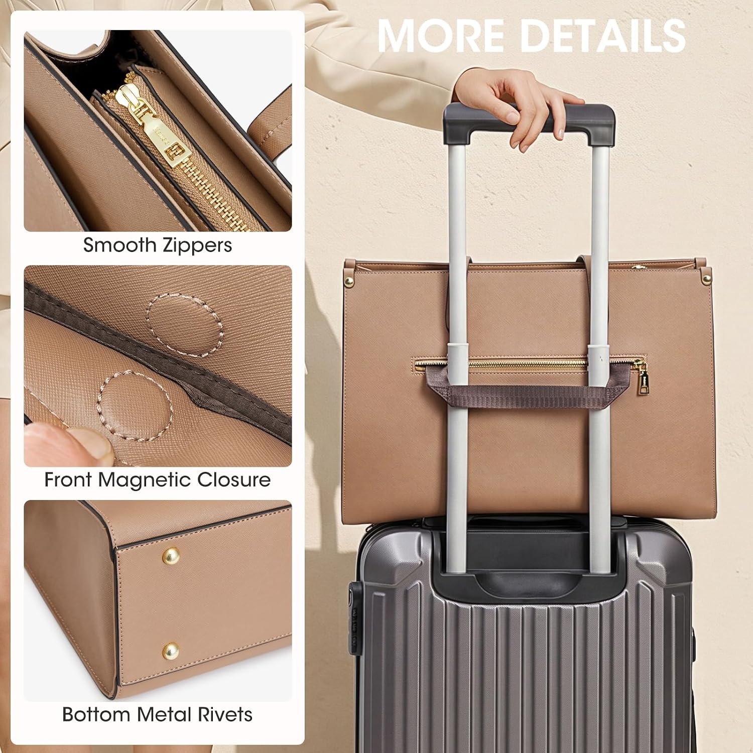 image:imageKattee Genuine Leather Tote Bags for Women Large Work Tote with Laptop Compartment Shoulder Handbag Computer Bag BriefcaseKhaki