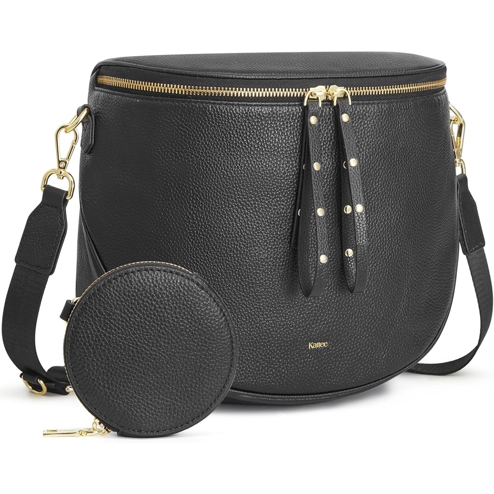 image:imageKattee Leather Crossbody Bum Bag for Women with Coin Purse Top grain pebbled leather with a detachable coin purse roomy storage 5 pockets in total and an adjustable strapBlack