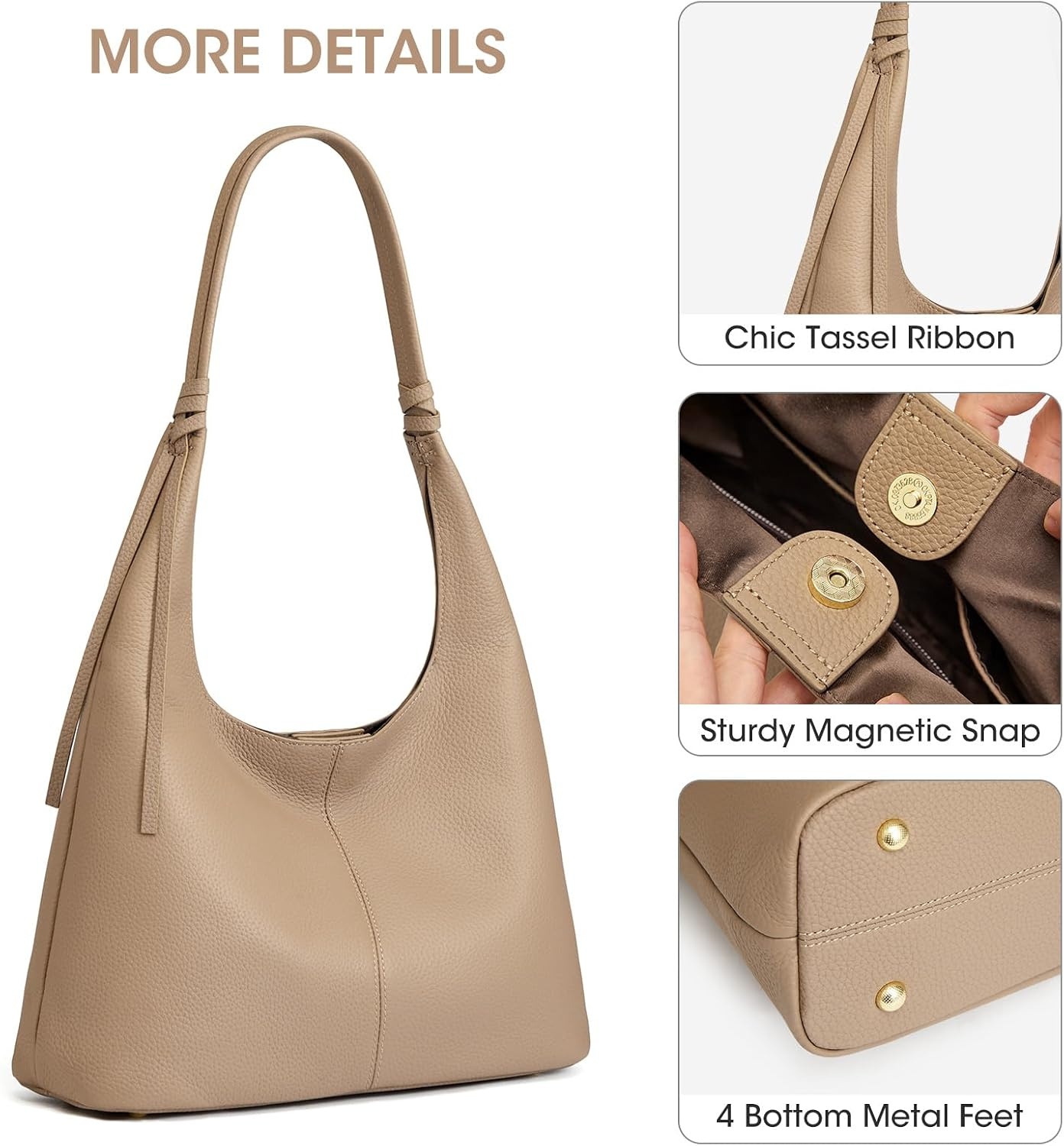 image:imageKattee Genuine Leather Shoulder Bag for Women Slouchy Hobo BagsApricot